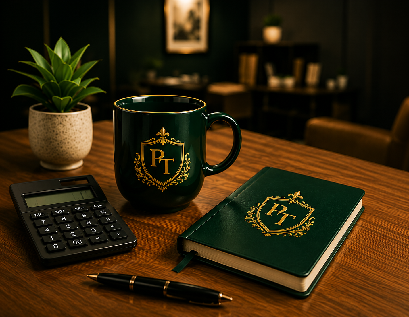 Pappu Tax workspace with calculator, mug and notebook